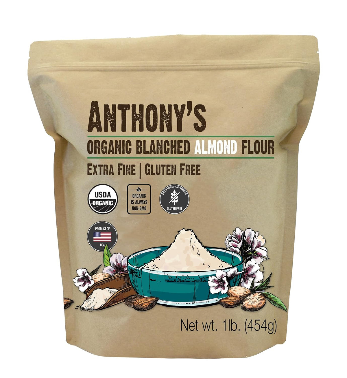 Anthony's organic blanched almond flour, 1 lb, gluten-free, keto friendly, extra fine, low carb.