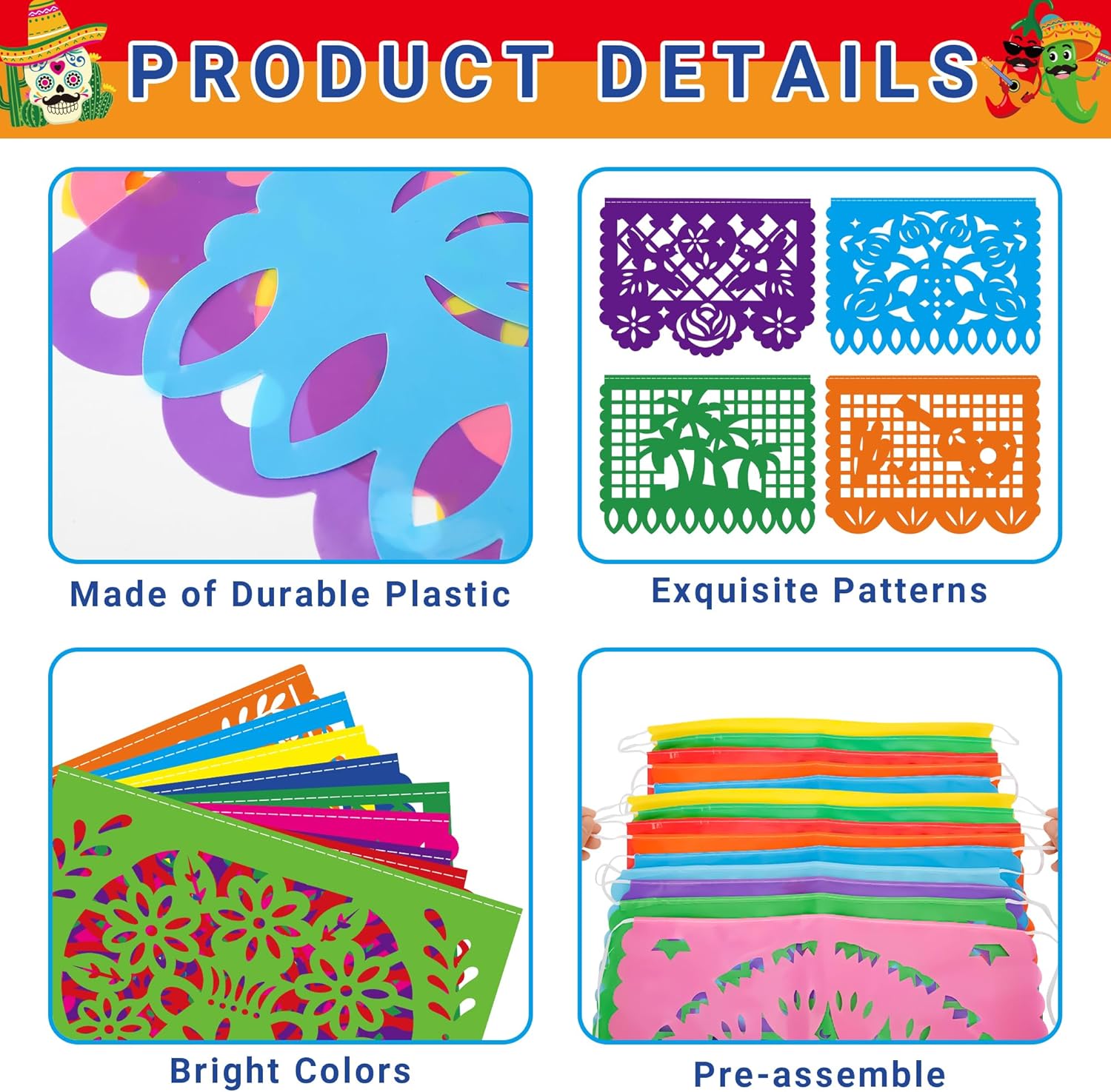 18 FT Cinco De Mayo Party Decorations, 1 Pack Fiesta Banner with 9 Plastic Papel Picado, Colorful Mexican Theme Party Flag Banner Dia De Los Muertos Day of the Dead Hanging Decor Home Party Supplies