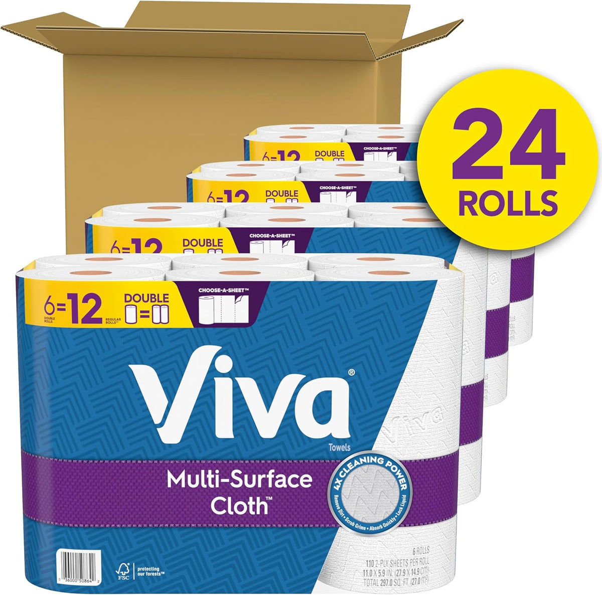 Viva Multi-Surface Cloth Paper Towels, 24 Double Rolls, 110 Sheets Per Roll (4 Packs of 6) - Rayz Mart