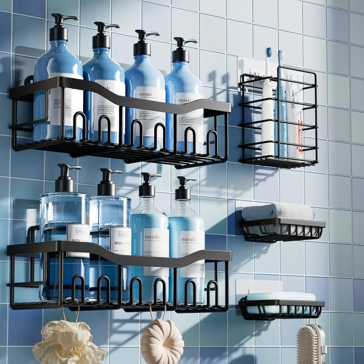 5-Pack Rustproof Stainless Steel Shower Caddy Set– No Drill Adhesive Bathroom Organizer, Space-Saving Shower Shelves for Apartment Essentials, Bathroom/Kitchen Storage Home Decor-L Size