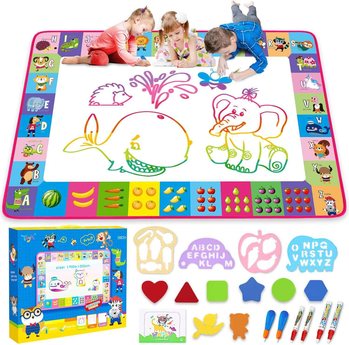 Water Doodle Mat - Kids Painting Writing Color Doodle Drawing Mat Toy Bring Magic Pens Educational Toys for Age 3 4 5 6 7 Year Old Girls Boys Age Toddler Gift