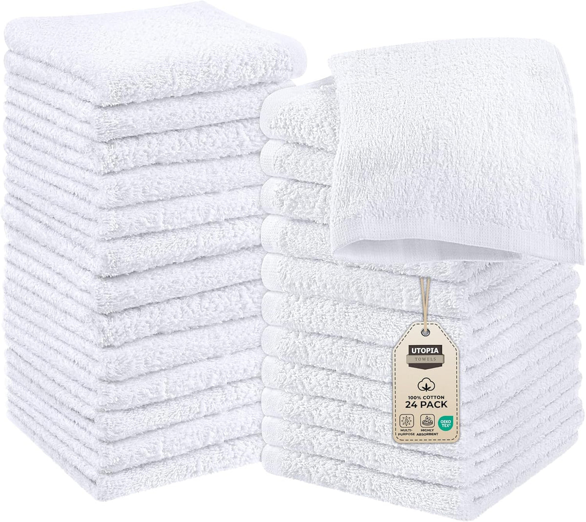 utopia 24 pack cotton washcloths set, 100% ring spun cotton, premium quality flannel face cloths, highly absorbent and soft feel fingertip towels, white