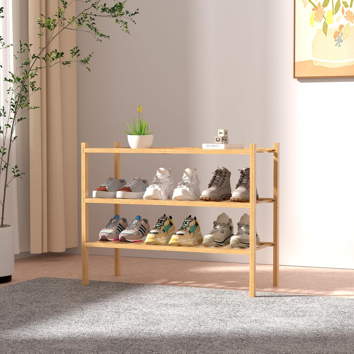 3-Tier Bamboo Shoe Rack Organizer for Entryway & Closet – Stackable Freestanding Shoe Shelf, Eco-Friendly