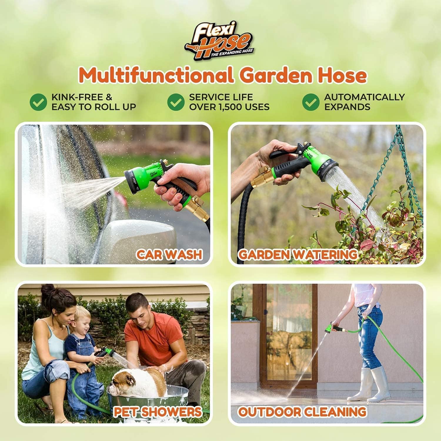Flexi Hose with 8 Function Nozzle, 50FT - Lightweight Expandable Garden Hose, No-Kink Flexibility, 3/4 Inch Solid Brass Fittings and Double Latex Core - Green