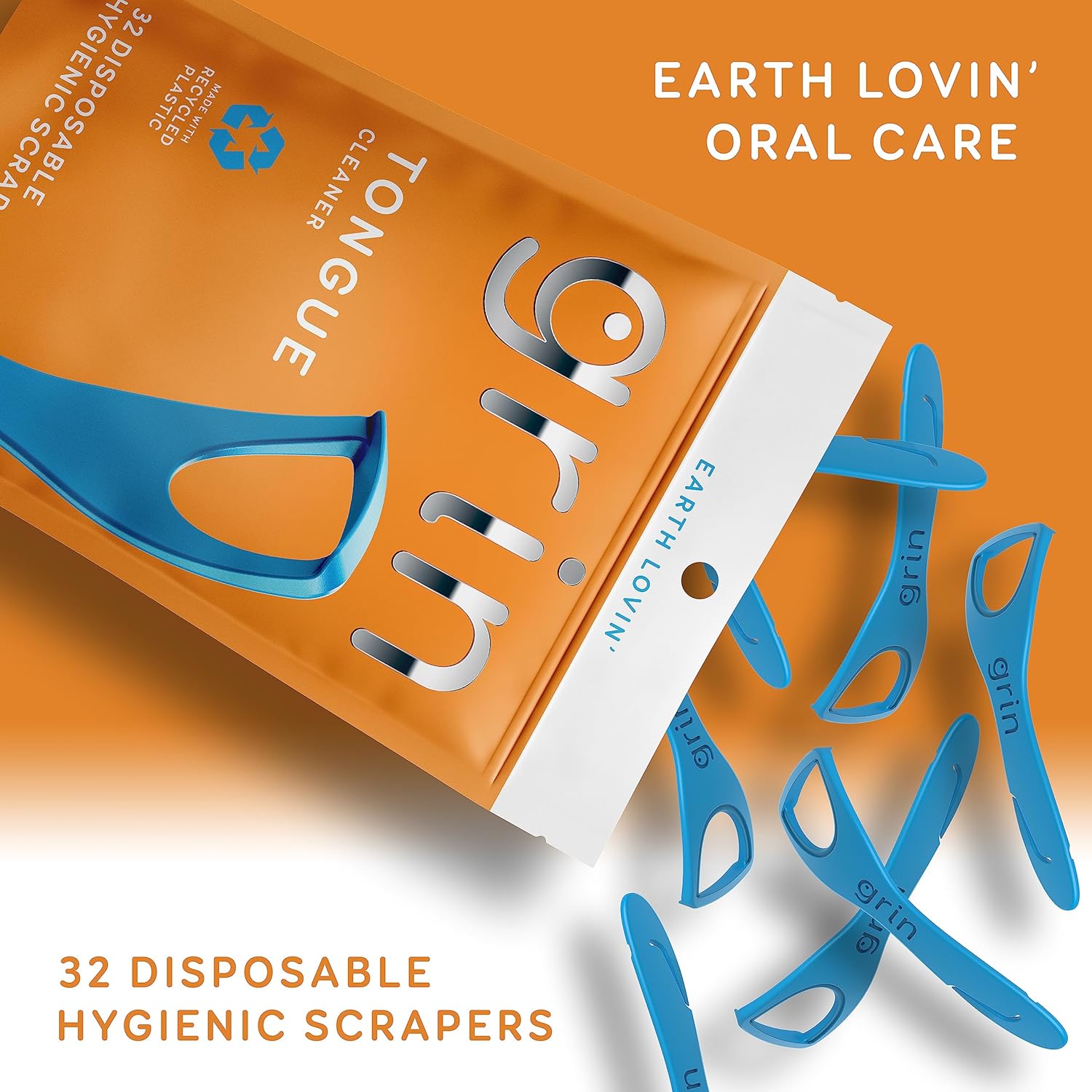 GRIN Tongue Cleaner, 32 Count, Disposable Tongue Cleaner, Hygienic Scraper, Recycled Plastic, Clean Tongue, Promote Fresh Breath, Includes Safe Fold- Back Tooth Pick