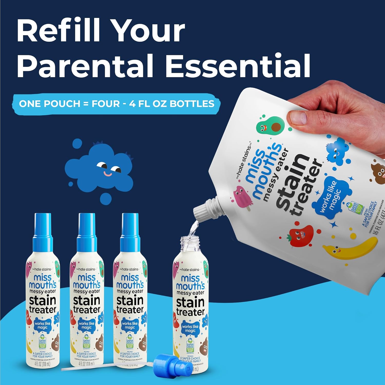 Miss Mouth's Messy Eater Stain Treater - 16oz Refill - Newborn & Baby Essentials - No Dry Cleaning Food, Grease, Coffee Off Laundry, Underwear, Fabric