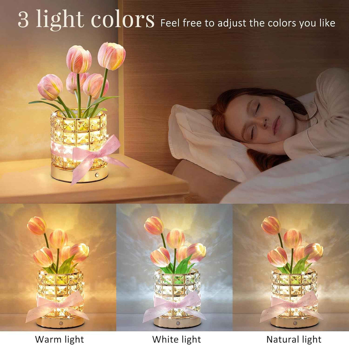 Tulip Flower Lamp, Valentine’s Day Gifts for Women, Romantic Home Decor Flower Gift for Girlfriend Wife, Rechargeable Cordless Touch Table Lamp, 3 Color Infinitely Dimming Night Light