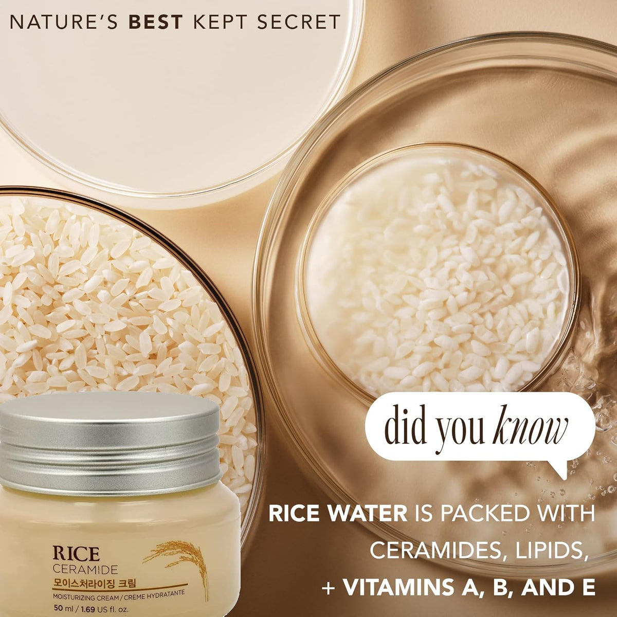 the face shop rice ceramide cream, hydrating face moisturizer for dry and combination skin, 1.69 fl oz