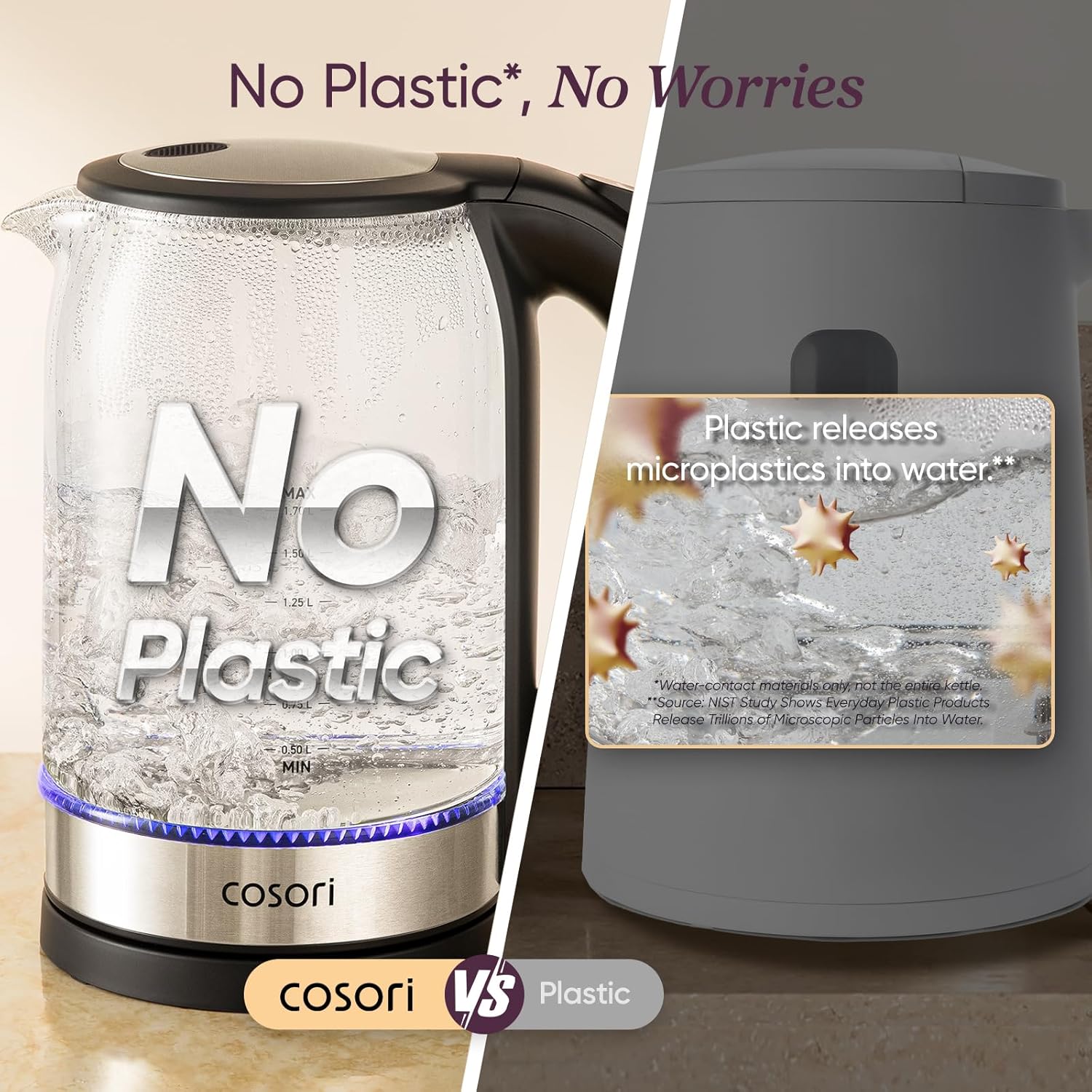 Cosori Electric Kettle, No Plastic Contact With Water, Wide Mouth For Easy Cleaning, Auto Shut Off, 1.7L Tea Kettle & Hot Water Boiler, Water Heater & Teapot, Borosilicate Glass, Black, 1500W