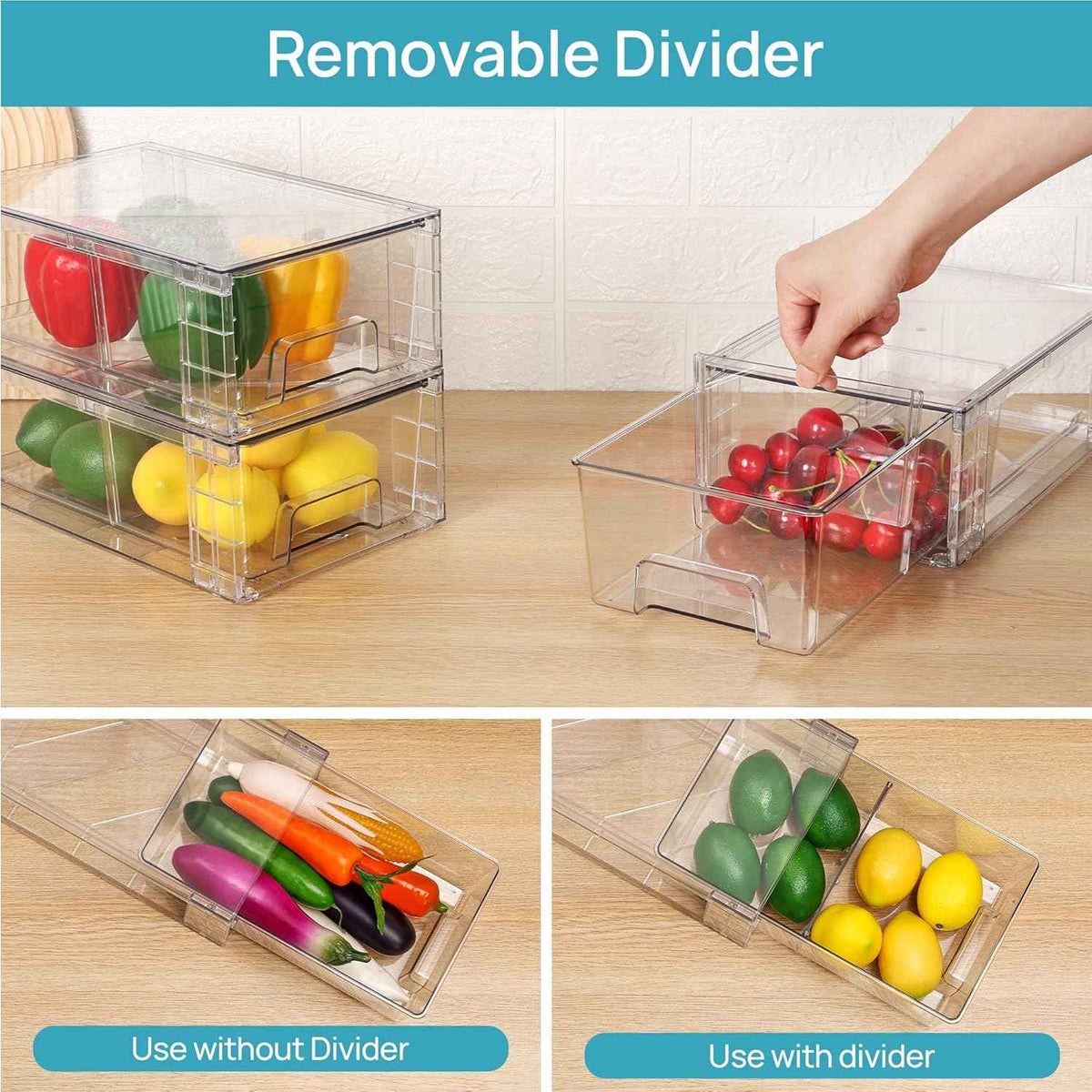 Vtopmart 4 Pack Stackable Storage Drawers,Clear Acrylic Drawer Organizers with Handles, Easily Assemble for Fridge, Bathroom,Kitchen Undersink,Cabinet,Pantry Organization and Storage