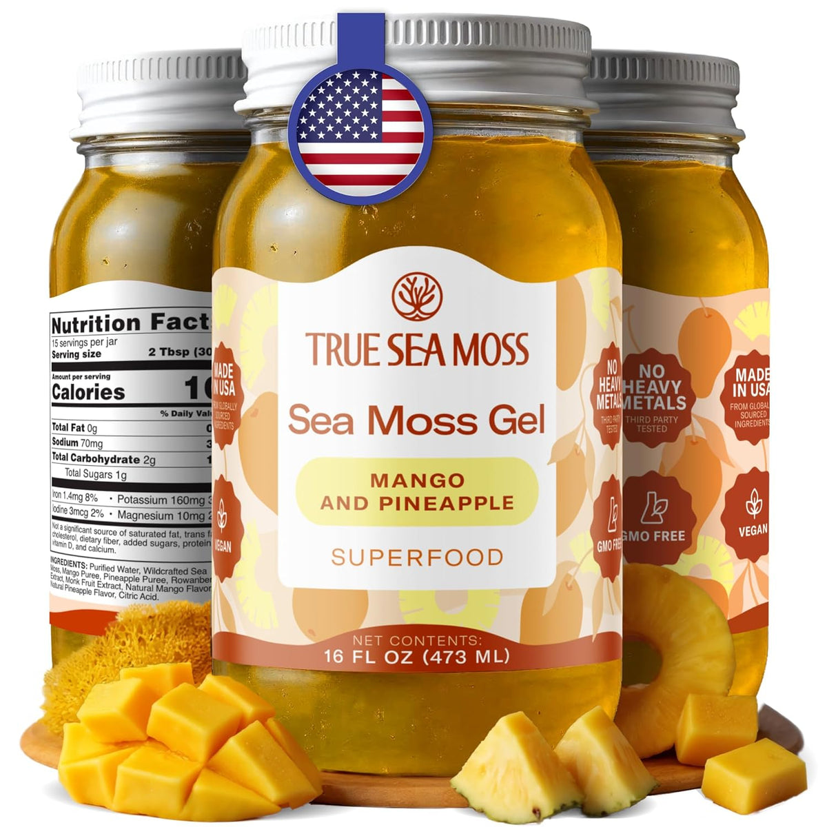 TrueSeaMoss USA-made Sea Moss Gel - Mango/Pineapple, 1 Pack - Wildcrafted Seamoss, Fruits, and Jarred Vegetables