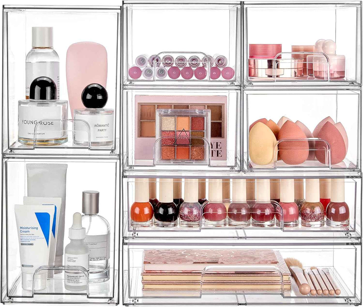 Vtopmart Stackable Storage Drawers Set of 5, Clear Plastic Organizer Bins for Baby Bottle, Beauty Supplies Storage, Ideal for Kichen Countertop, Vanity, Bathroom, Cabinet, Pantry Organization