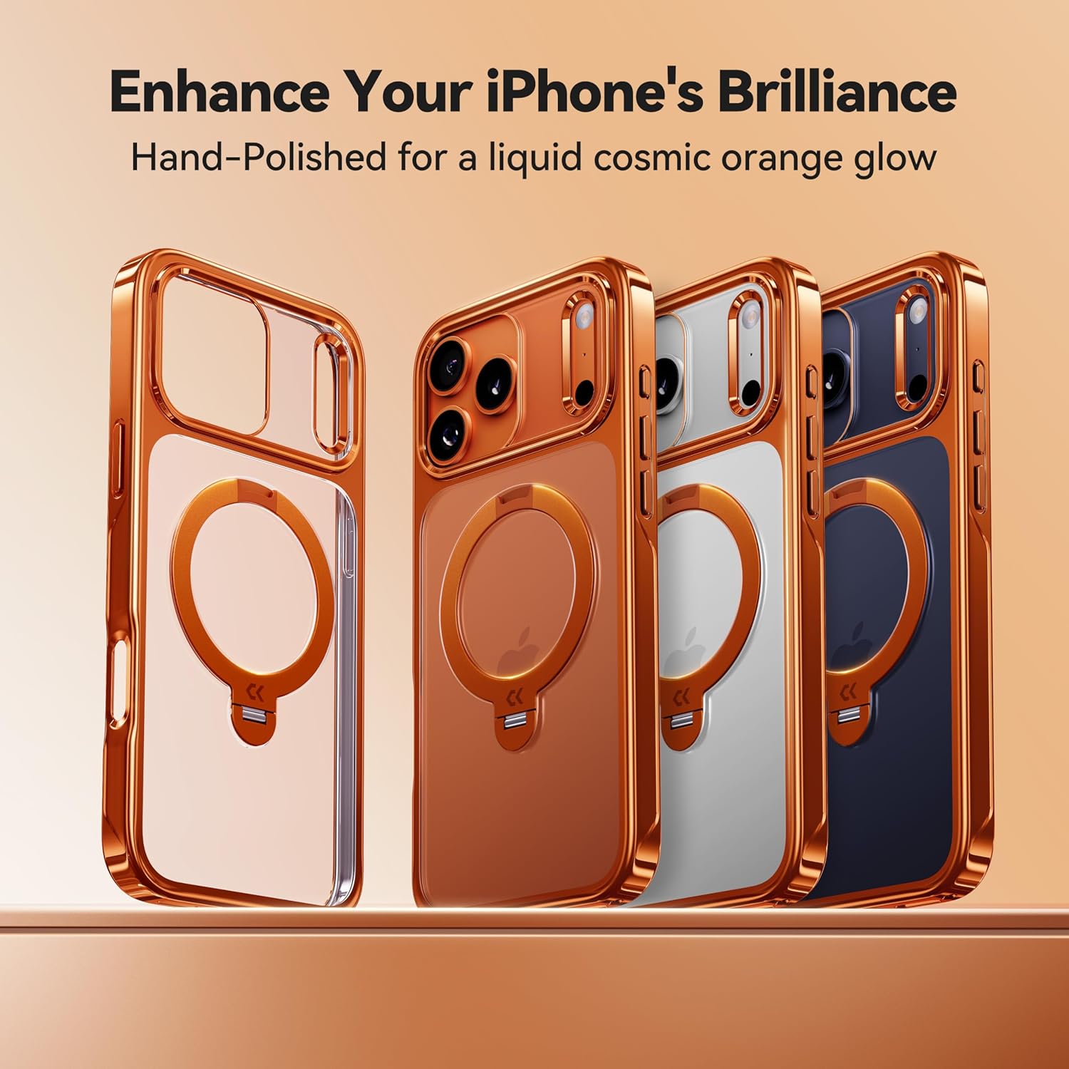 CASEKOO Cosmic Orange Glossy for iPhone 17 Pro Max Case [360 Spin Magnetic Stand][Fit for MagSafe][17FT Military Protection] Slim Hand-Polished Frame Titanium Alloy Sturdy Stand 6.9", Cosmic Orange