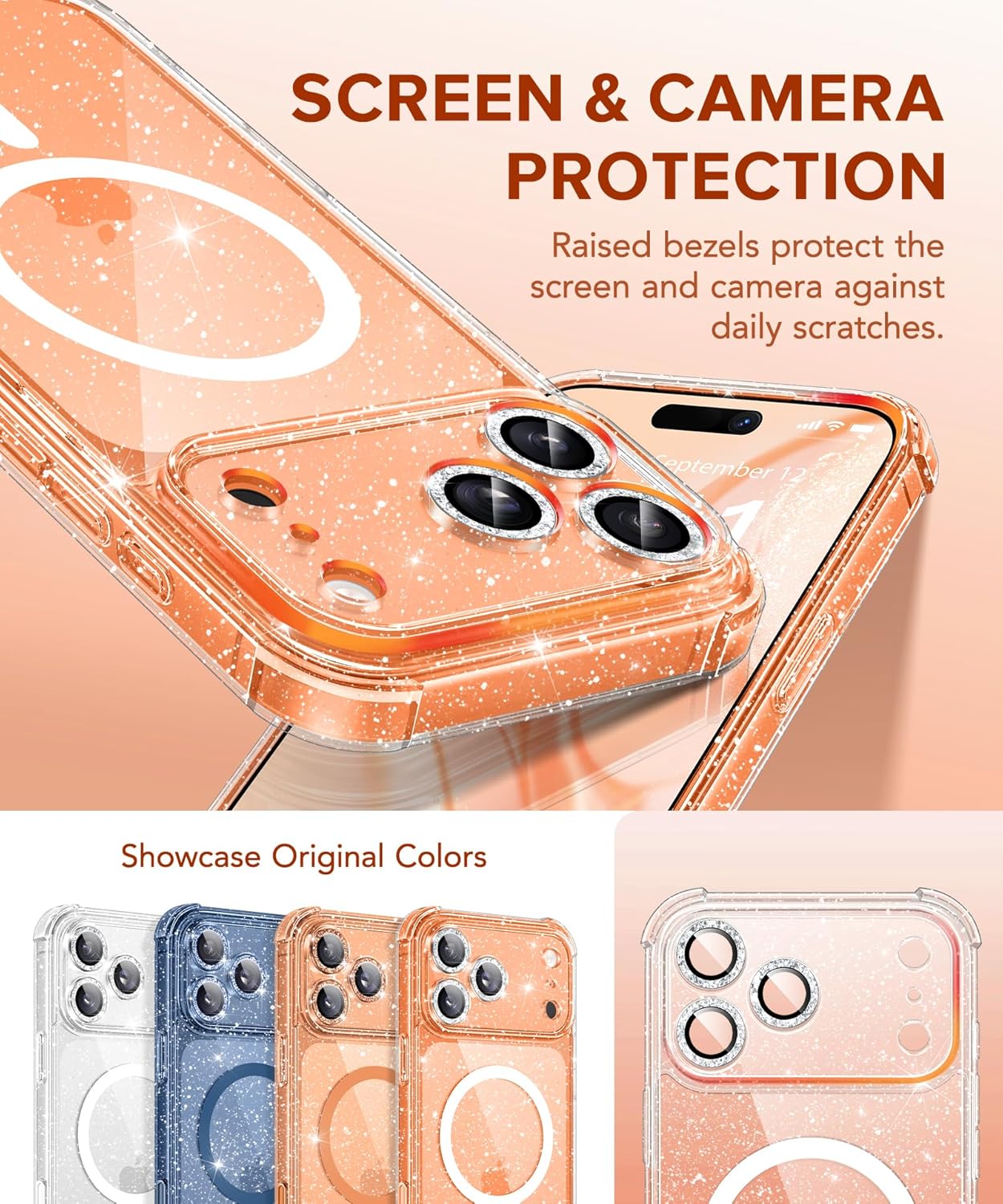 BERFY for iPhone 17 Pro Max Case for Women, Compatible with MagSafe, Clear Glitter Shockproof Protective Case, Anti-Yellowing, with Screen Protector & 3 Diamond Camera Lens Covers 6.9", Sparkle Clear