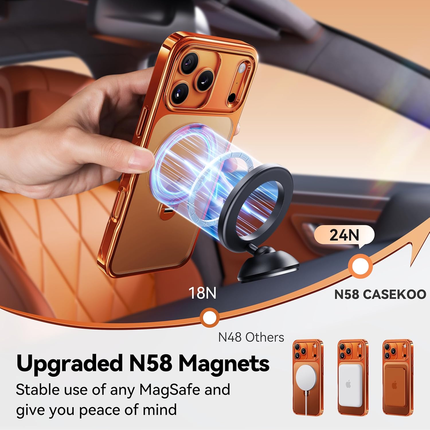 CASEKOO Cosmic Orange Glossy for iPhone 17 Pro Max Case [360 Spin Magnetic Stand][Fit for MagSafe][17FT Military Protection] Slim Hand-Polished Frame Titanium Alloy Sturdy Stand 6.9", Cosmic Orange