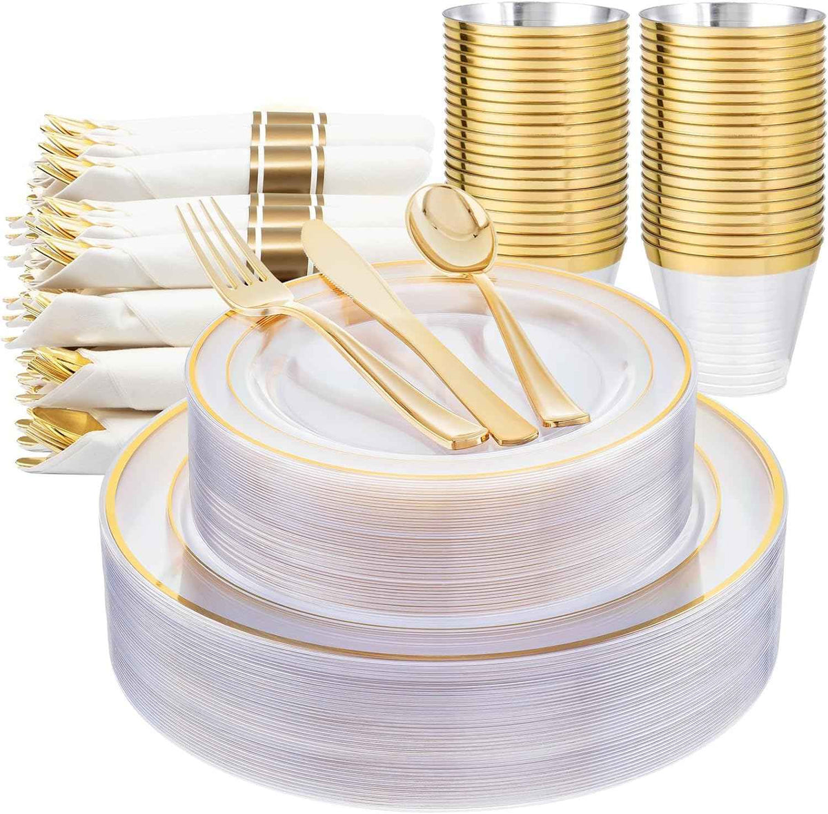 WELLIFE 700 Pieces Gold Plastic Dinnerware Set for 100 Guests - Includes Plates, Cups, Napkins, and Disposable Cutlery - Elegant White & Gold Design, Perfect for Parties and Events