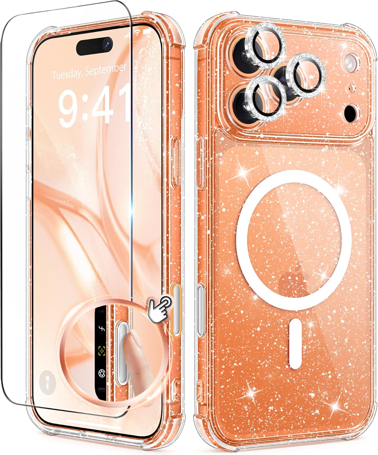 BERFY for iPhone 17 Pro Max Case for Women, Compatible with MagSafe, Clear Glitter Shockproof Protective Case, Anti-Yellowing, with Screen Protector & 3 Diamond Camera Lens Covers 6.9", Sparkle Clear