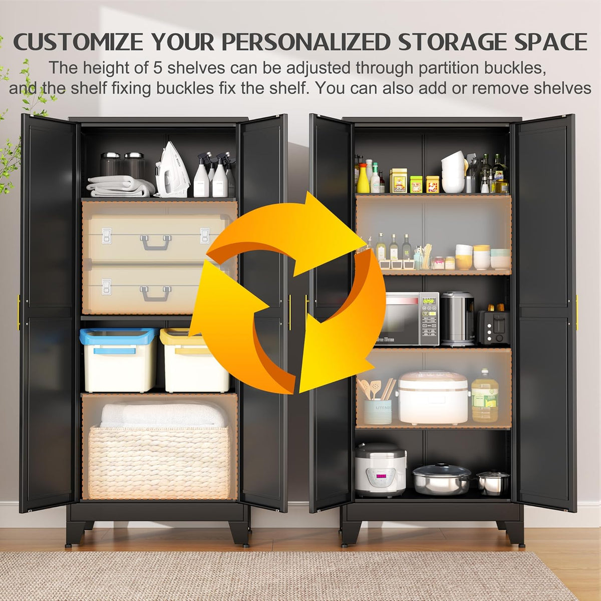 75.2" Tall Storage Cabinet, Pantry Storage Cabinets with 2 Door and 5 Adjustable Shelves, Black Kitchen Food Cabinet, Metal Utility Cabinets for Kitchen, Dinning Room, Laundry Room