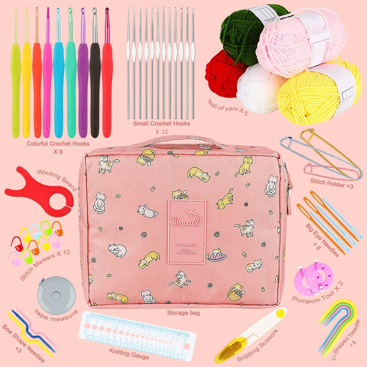 Aeelike Crochet Kit for Beginners Adults, Crochet Kits Include Yarn, 59pcs Crochet Starter Kit for Beginners Kids,Ergonomic Crochet Hooks 2.0-6.0 mm, Lace Steel Needles 0.6-1.9 mm