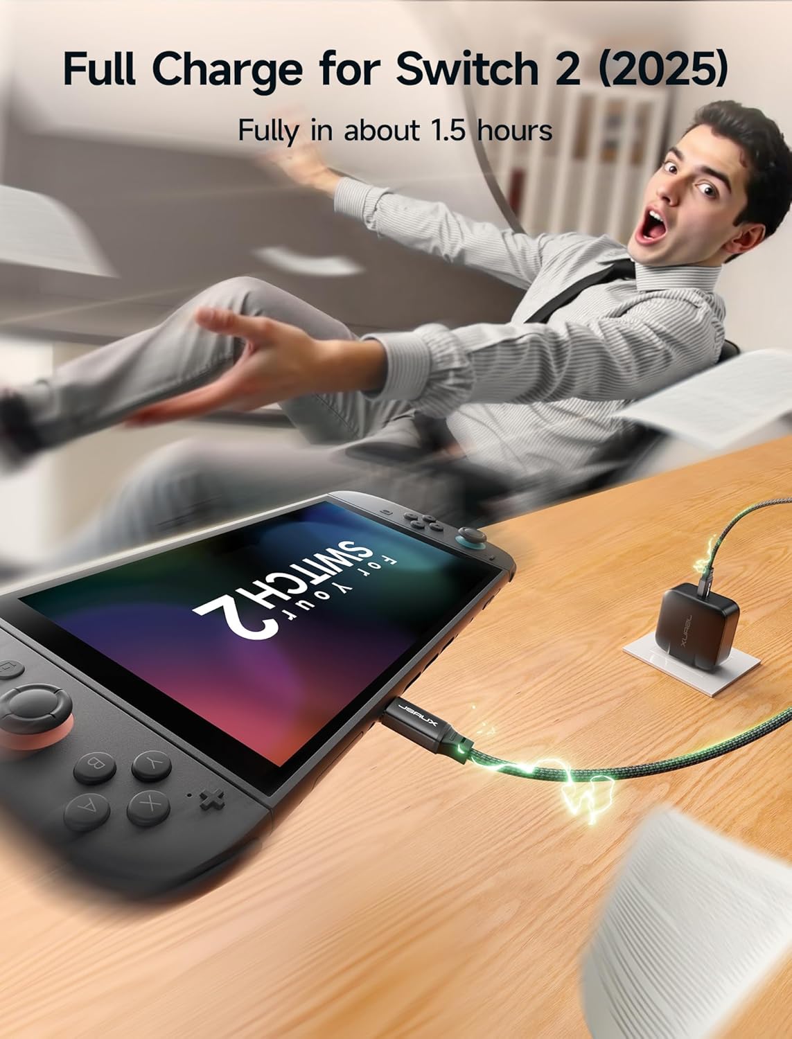 JSAUX 65W GaN USB C Charger for Nintendo Switch 2, Powers in TV Mode, with EU/UK Plug & 6.6FT Cable for ROG Xbox Ally, Steam Deck, ROG Ally, iPhone 17e/17, Galaxy S26, Tablet & Laptop – Black