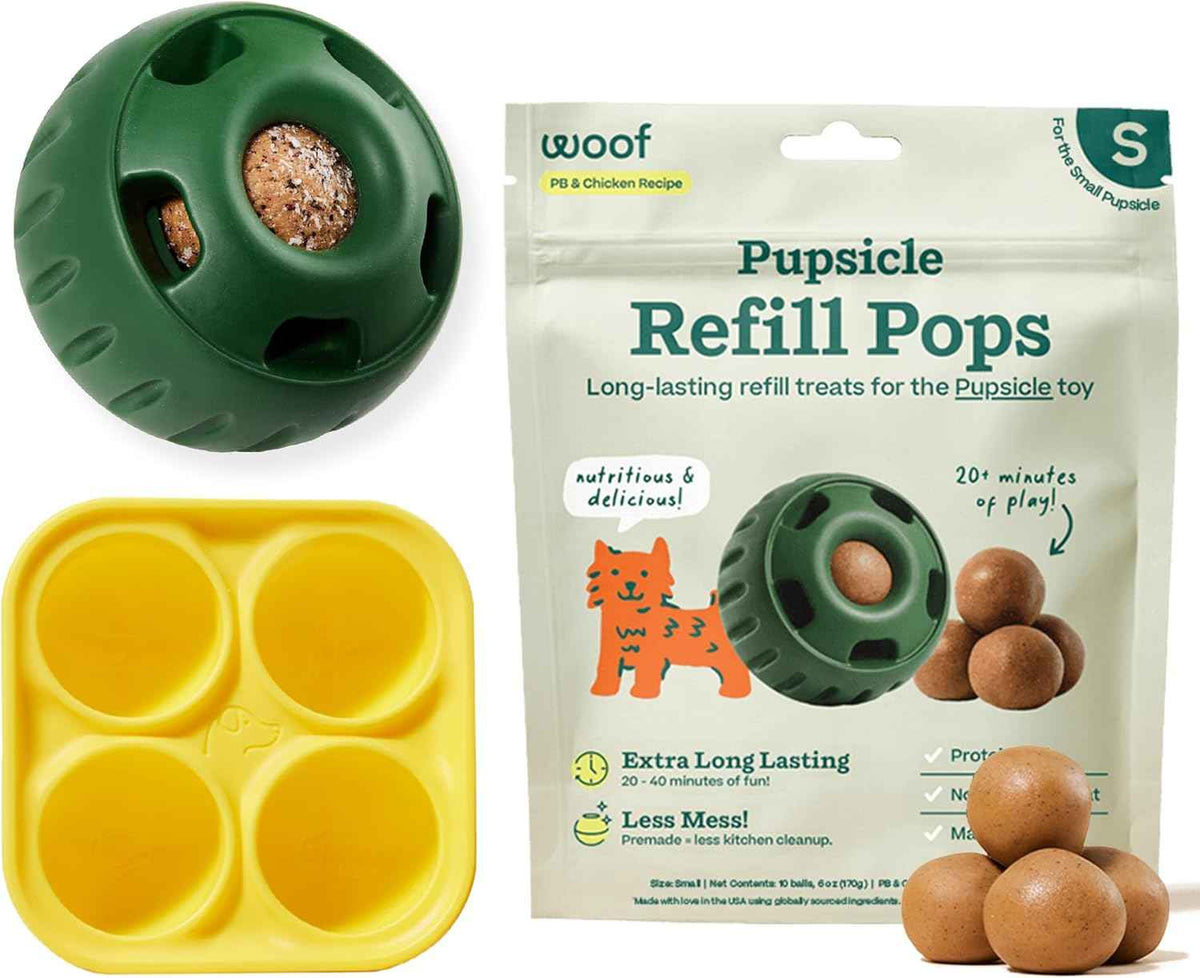 WOOF Starter Pack - Interactive Dog Toys for Boredom - Dog Treat Molds Silicone - Chicken-Flavored Healthy Treats for Dogs - Pupsicle Doggy Enrichment Toy - for Small Pups - 10-25 lbs