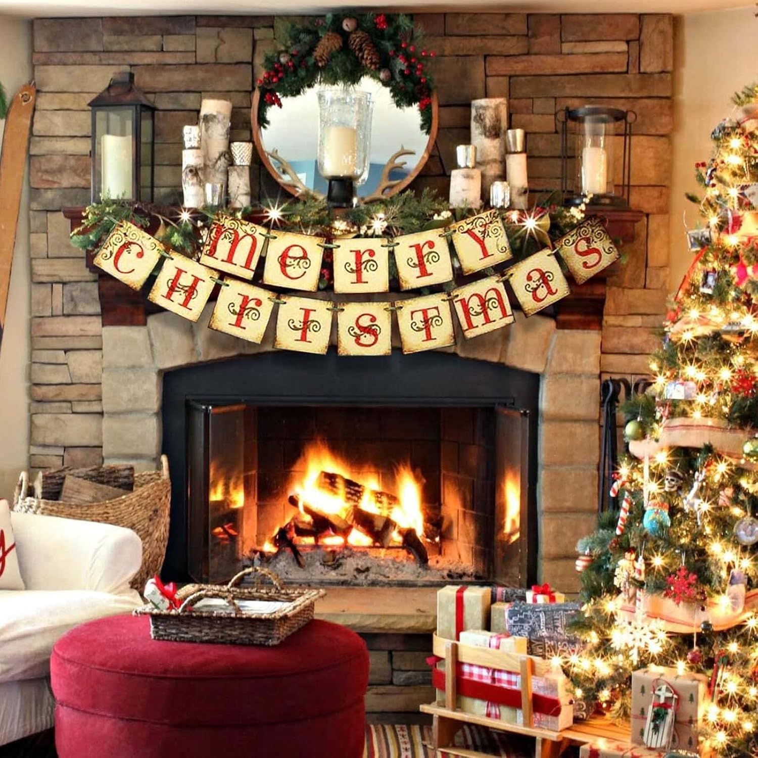 Christmas Decorations - Vintage Merry Christmas Banner - Retro Nostalgic Traditional Old Fashioned Victorian Xmas Holiday Clearance Decor for Indoor Home Office Fireplace Mantle Farmhouse