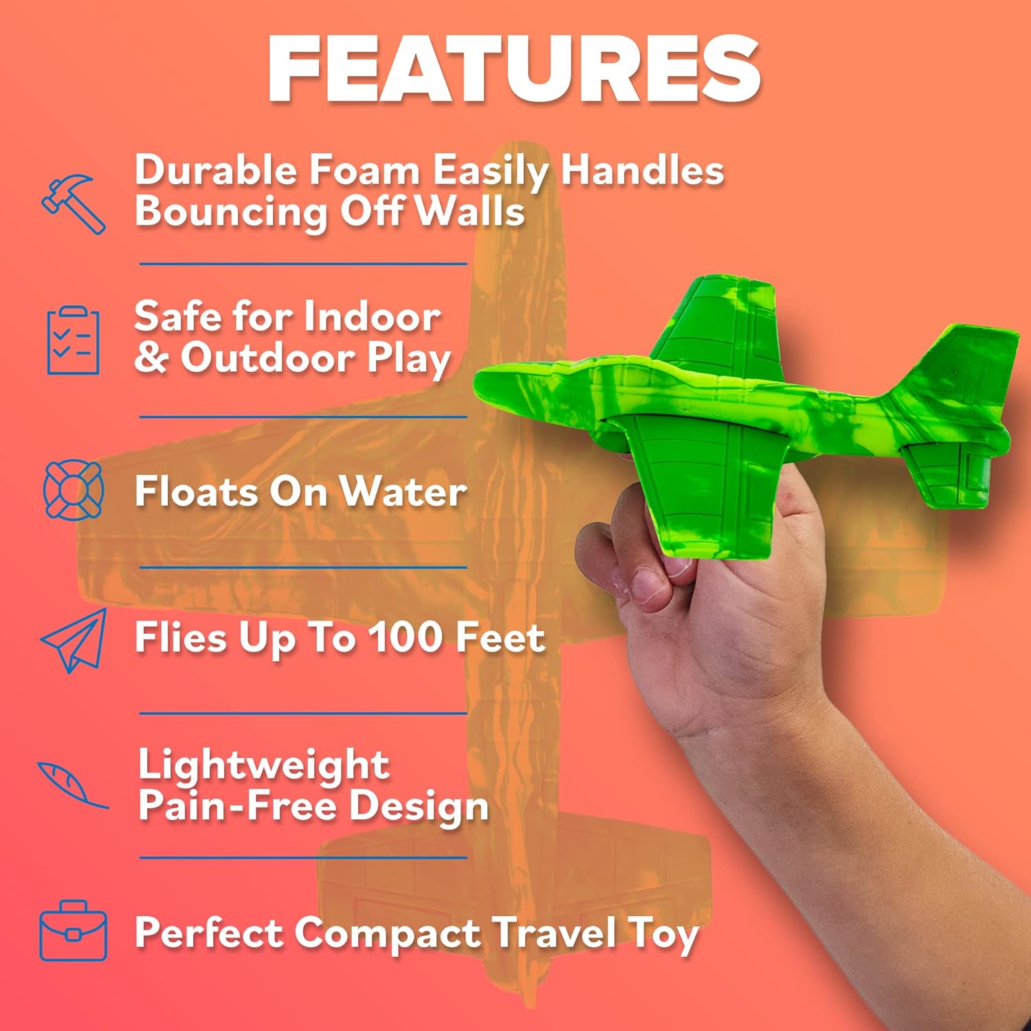 Foam Airplane - Best Outdoor Toys for Kids 3 4 5 6 7 8 9 + Year Old Boys - Best Toy Stuffers Gift & Boy Toddler Toys & Airplane Gift Idea - Gifts for Boys Toys Age 4-6 & Summer Party Favors