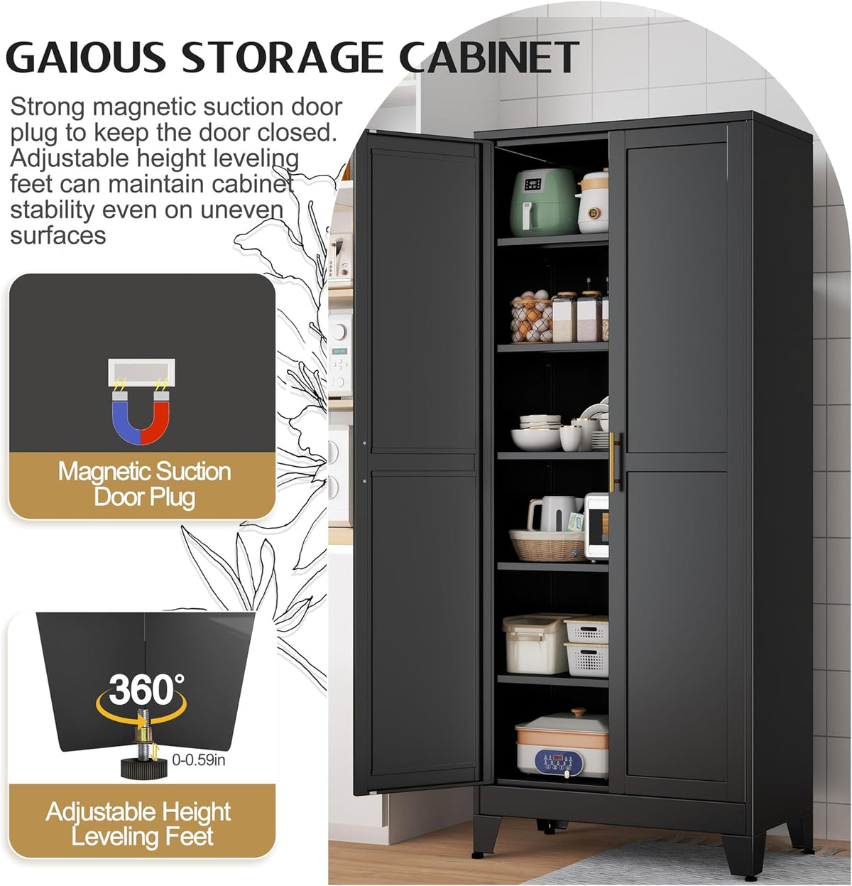 75.2" Tall Storage Cabinet, Pantry Storage Cabinets with 2 Door and 5 Adjustable Shelves, Black Kitchen Food Cabinet, Metal Utility Cabinets for Kitchen, Dinning Room, Laundry Room