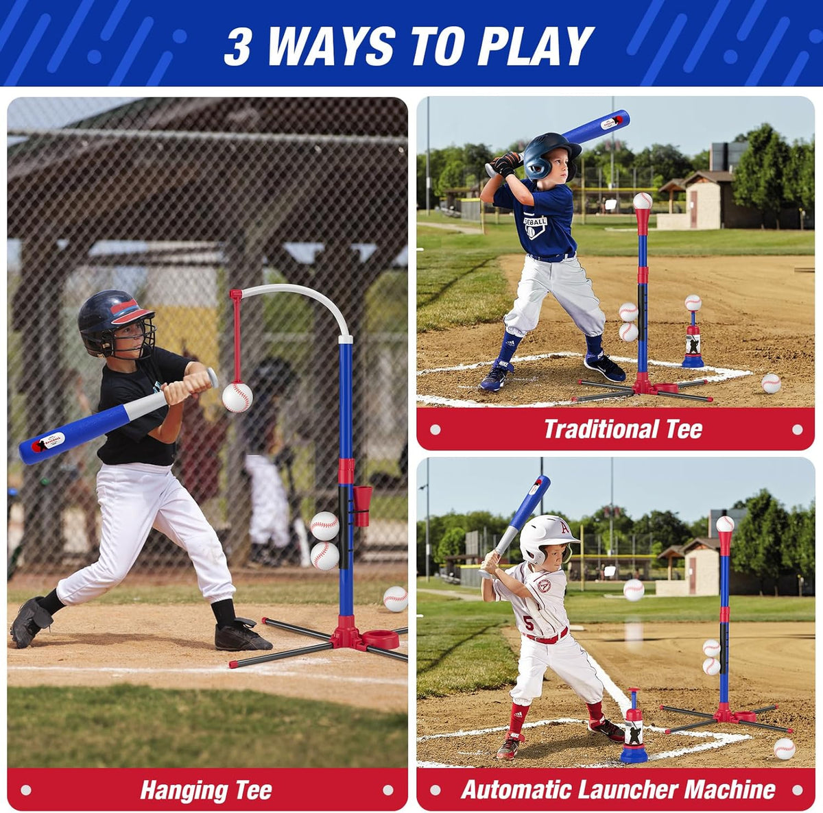 3-in-1 Baseball Set for Kids 3-5 - Tee Ball Stand, Hanging Tee, Ball Launcher and 6 Softballs - Adjustable Height, Indoor/Outdoor Sport Gifts for Boys Girls, Blue