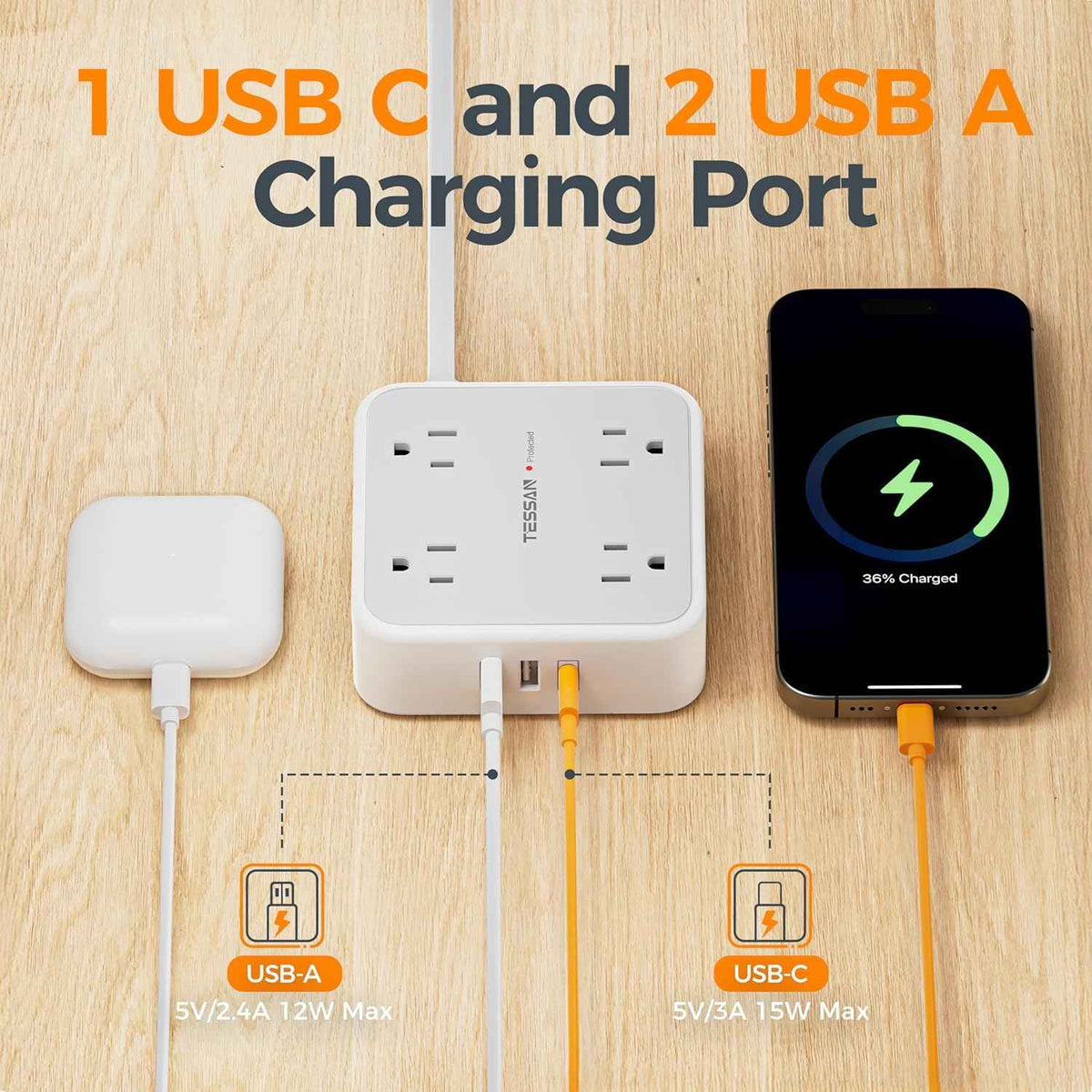 TESSAN Surge Protector Power Strip, 5 Ft Flat Plug Extension Cord with 3 USB (1 USB C) 8 Outlets, 900J Surge Protection, 3 Sided Outlet Extender with Power Switch for Office, Dorm Room Essentials