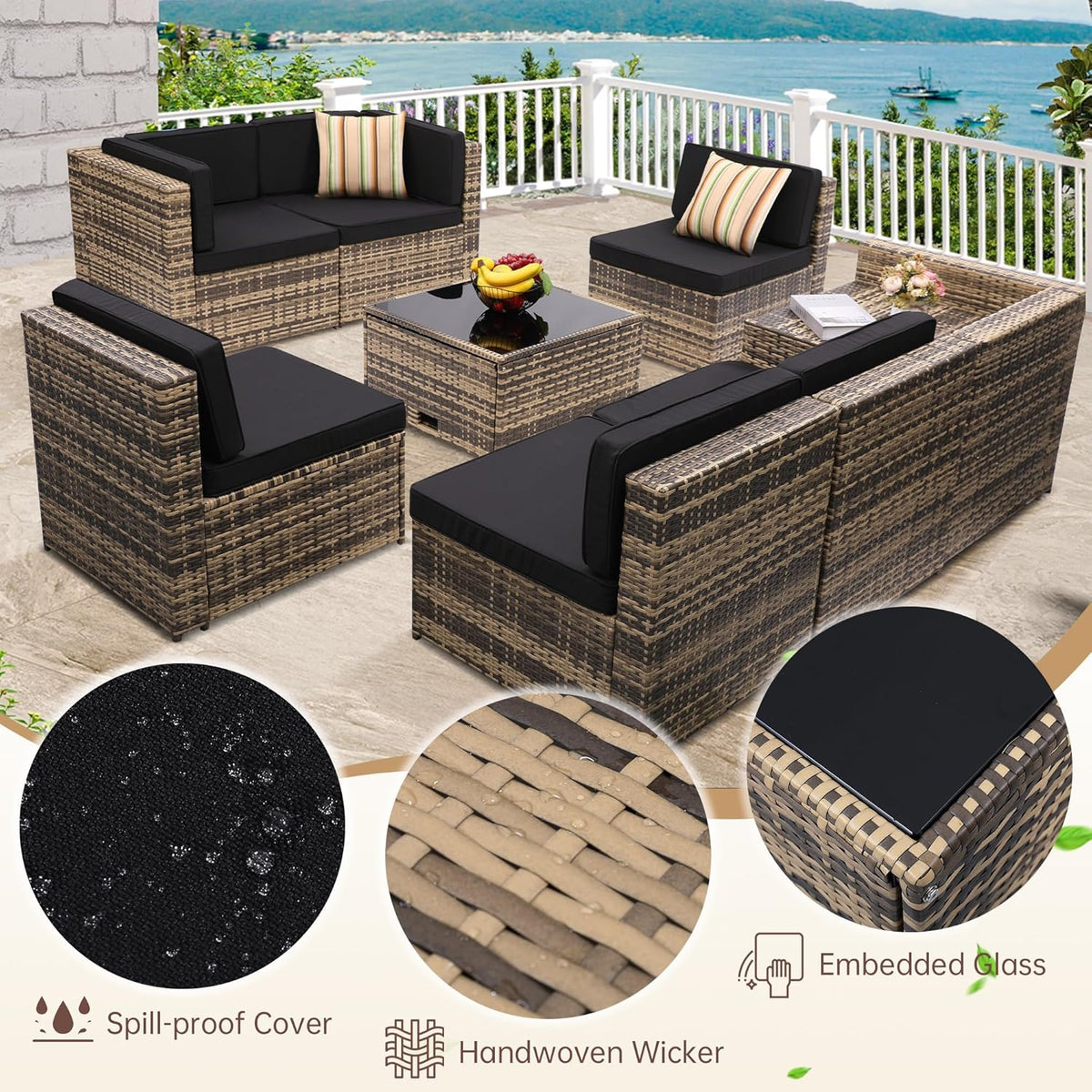 8 Pieces Outdoor Wicker Rattan Patio Furniture Sectional Set, Glass Top Table with Hidden Storage, 7 Sofa Sections, Oversized Cushions, Natural Color Rattan with Black Cushion