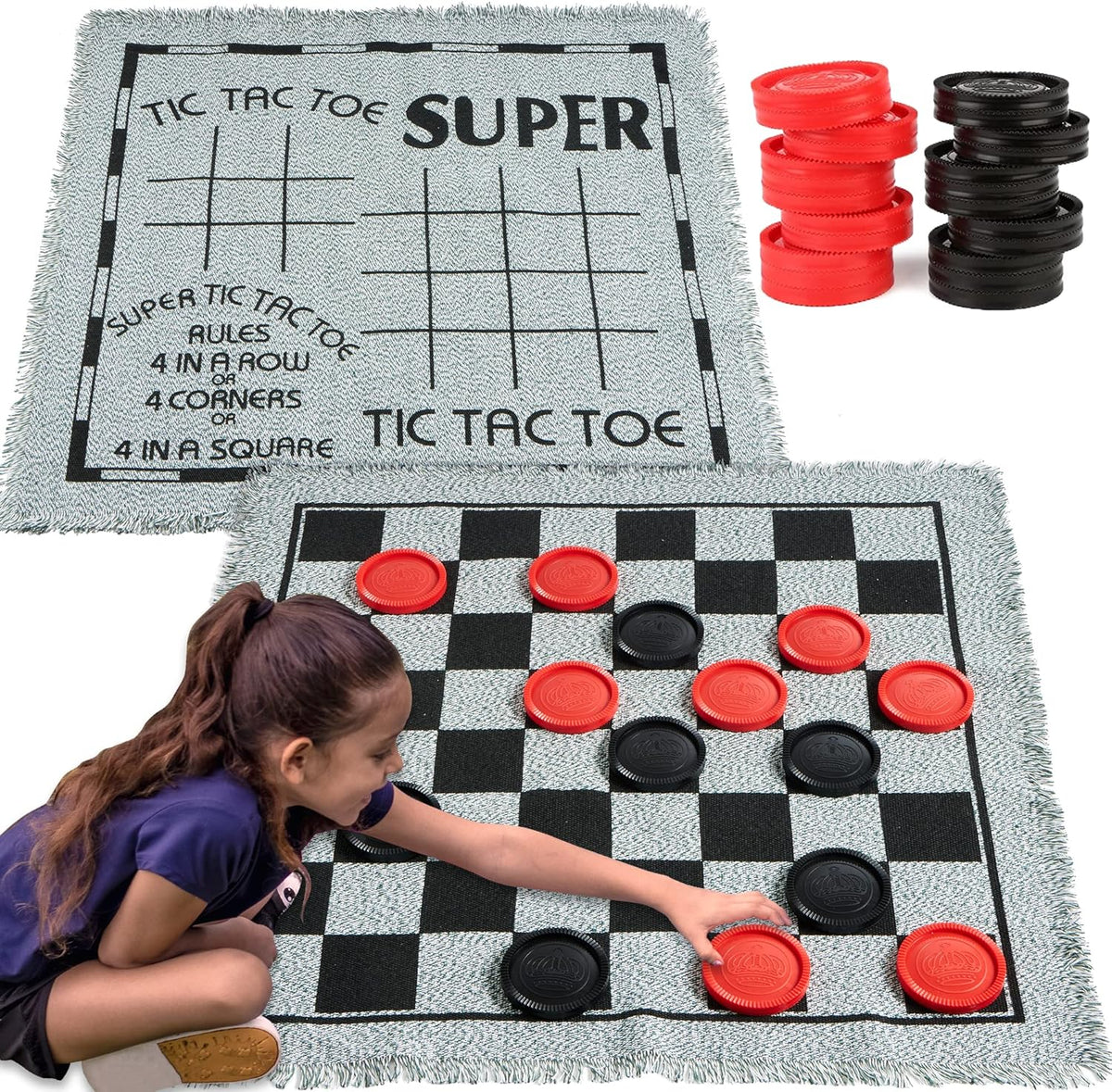 3-in-1 Vintage Giant Checkers, Tic, Tac, Toe, with Reversible Mat, 24 Chips, Family Board Game, Lawn Game, BBQ Party Favor, Indoor and Outdoor Activity for Kids and Adults